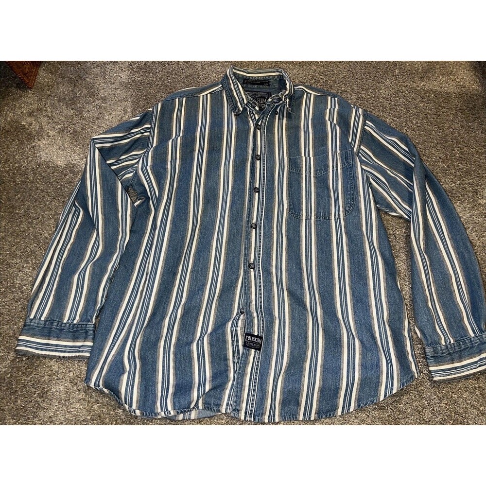 Y2K Western Striped Shirt Denim Rock Coliseum Authentic Blue White Gray Large